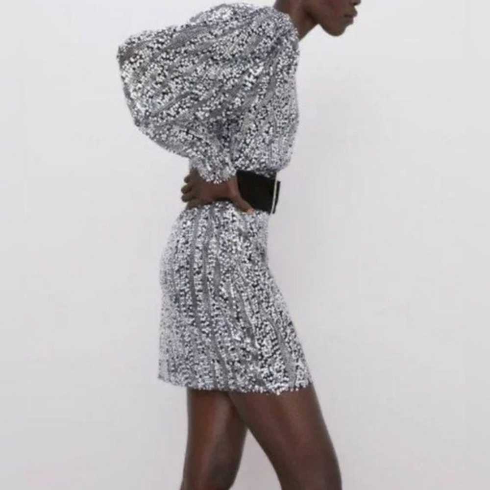 ZARA Silver Sequin Belted Long Puff Sleeve Cockta… - image 2