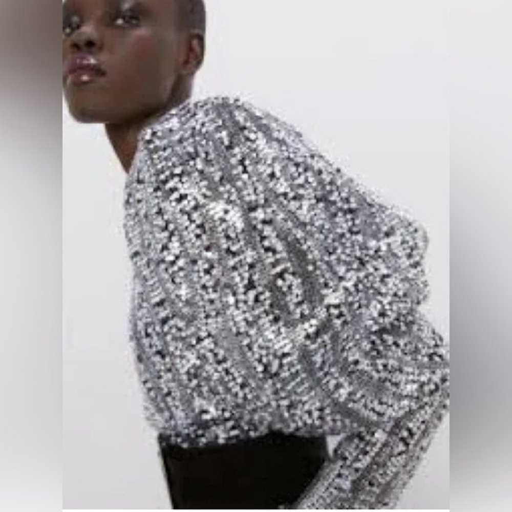 ZARA Silver Sequin Belted Long Puff Sleeve Cockta… - image 3