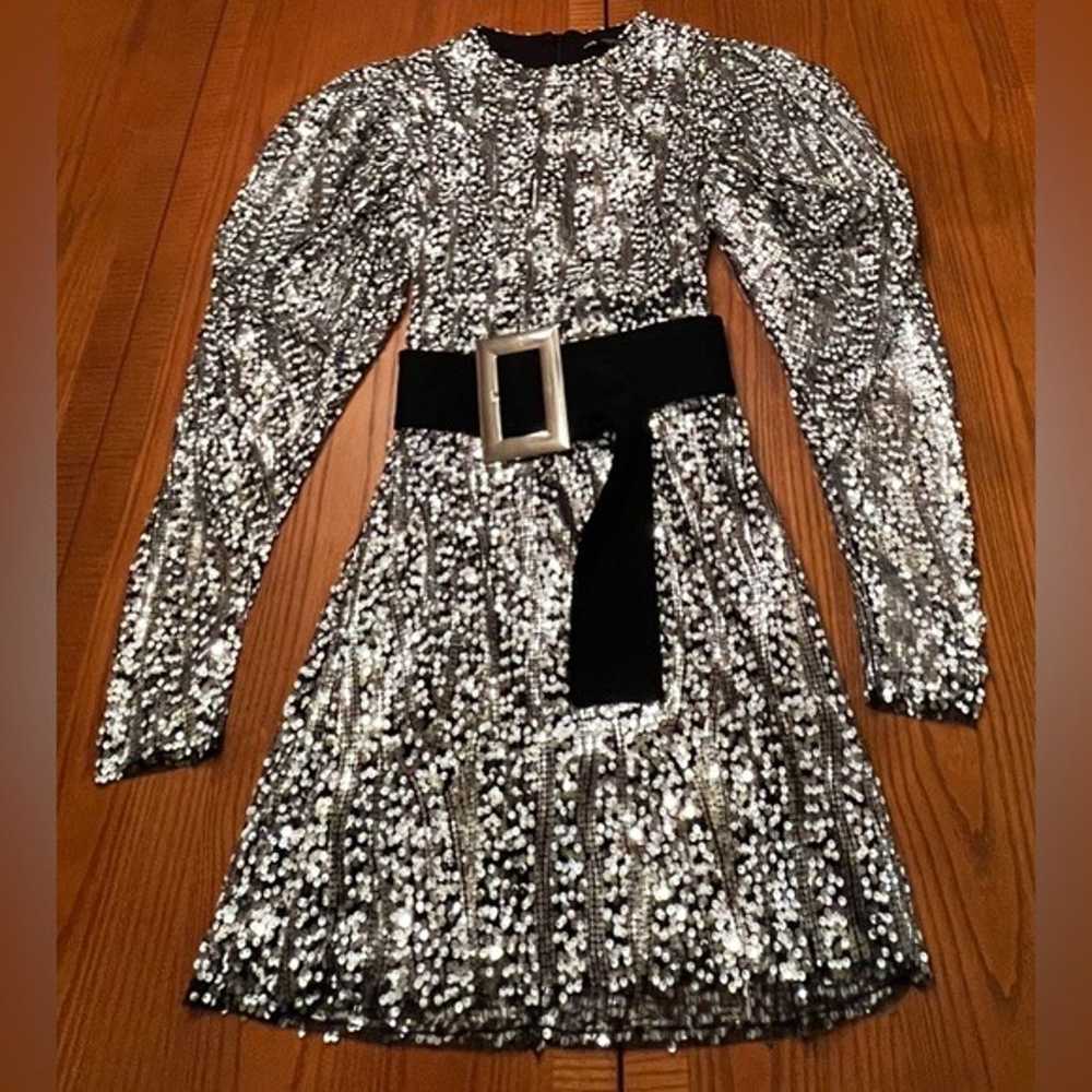 ZARA Silver Sequin Belted Long Puff Sleeve Cockta… - image 5