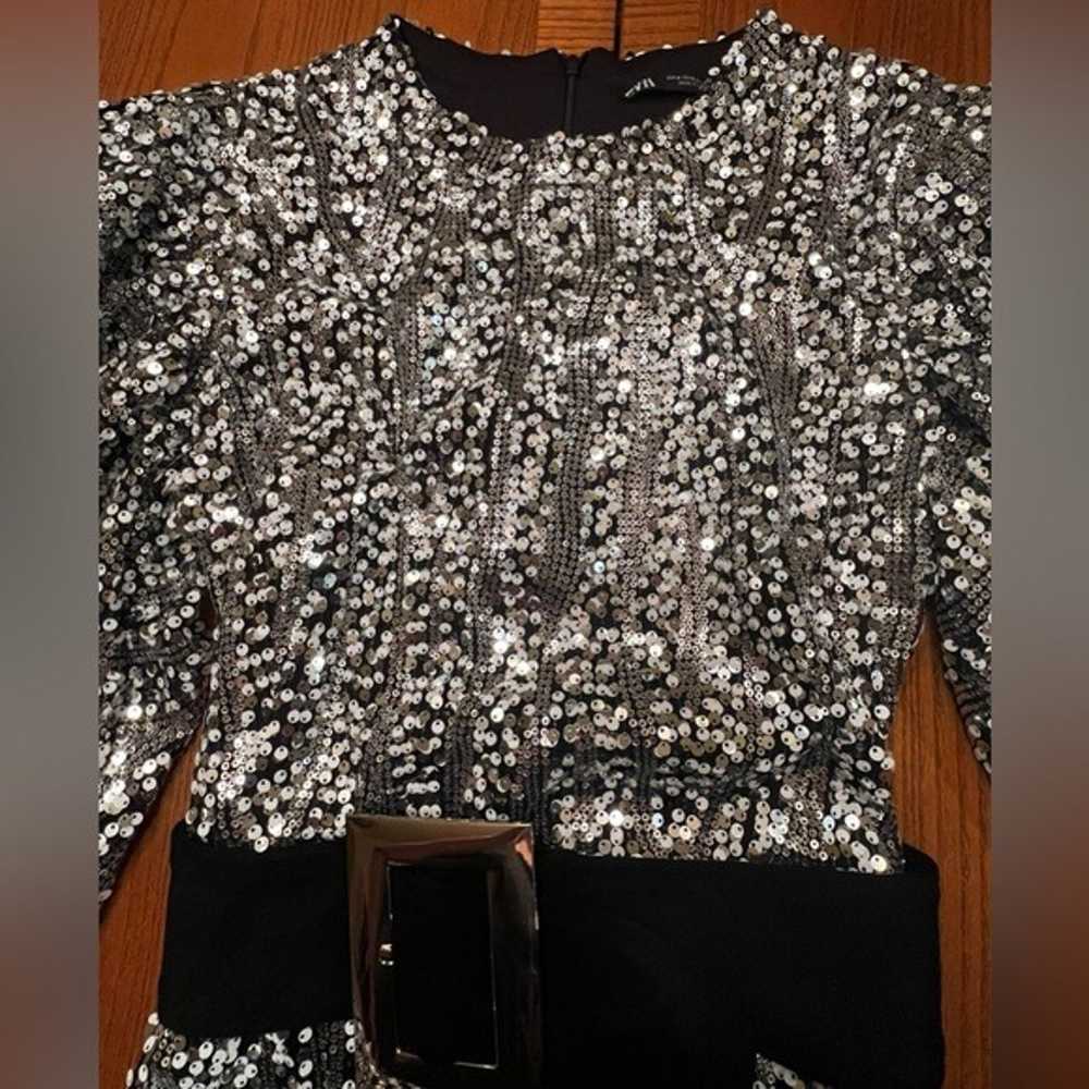 ZARA Silver Sequin Belted Long Puff Sleeve Cockta… - image 6