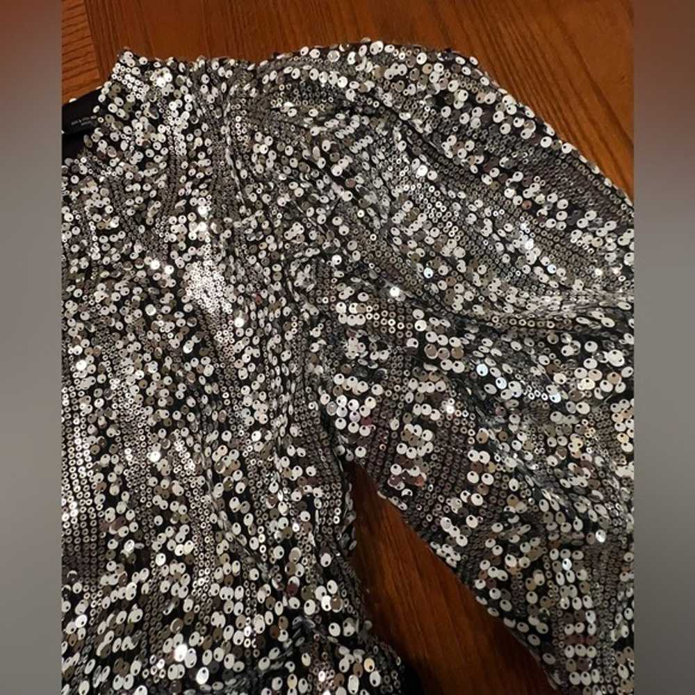 ZARA Silver Sequin Belted Long Puff Sleeve Cockta… - image 7