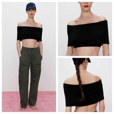 ZARA Ribbed Foldover Crop Top Size S in Black - image 1