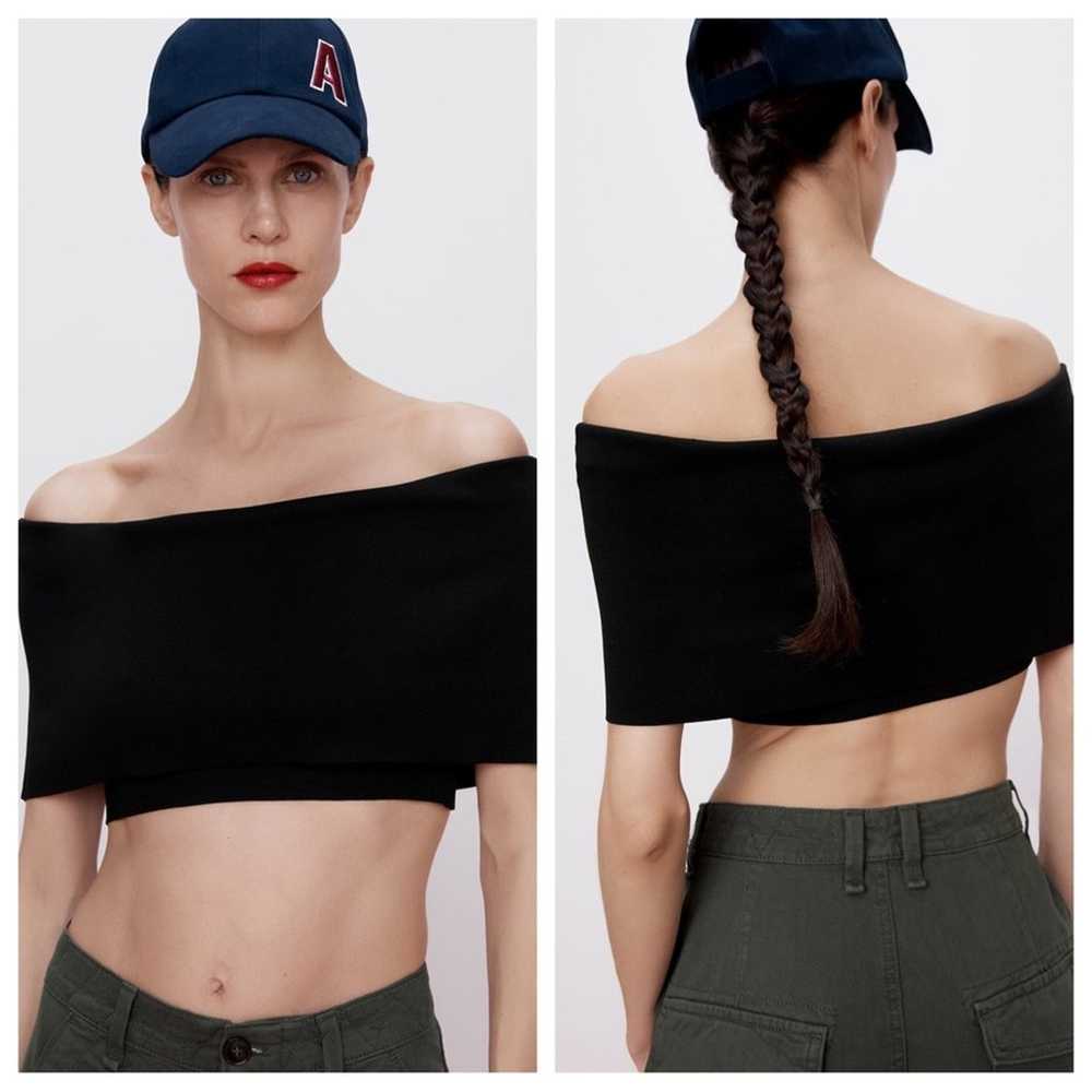 ZARA Ribbed Foldover Crop Top Size S in Black - image 2