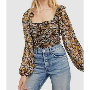 Free People Mabel Lace-Up Floral Cropped Blouse G… - image 1