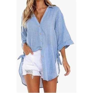 High Low Oversized V Neck 3/4 Sleeve Button Down … - image 1