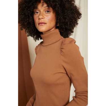 AMO Puff Sleeve Rib Knit Turtleneck Top in Sepia M - image 1