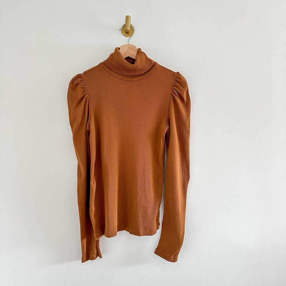 AMO Puff Sleeve Rib Knit Turtleneck Top in Sepia M - image 2