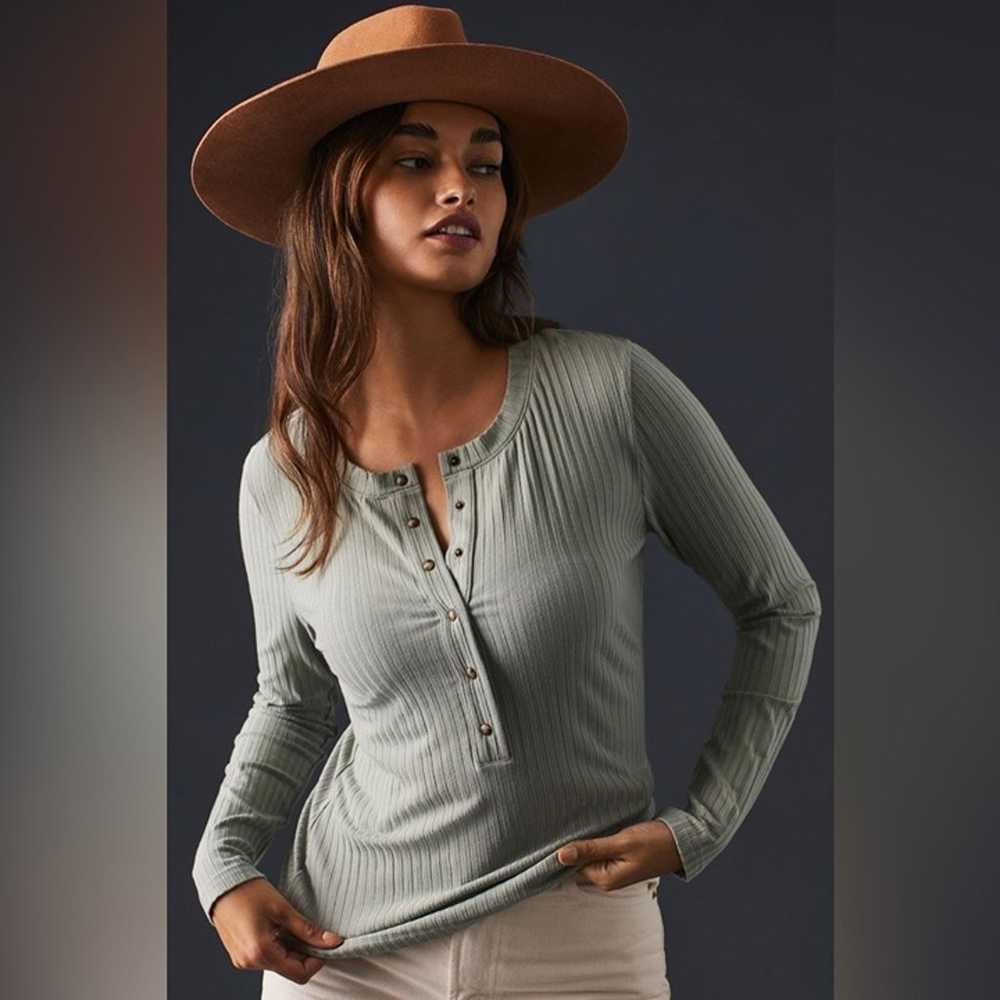 By Anthropologie Ribbed Henley Top in Sage Green … - image 1