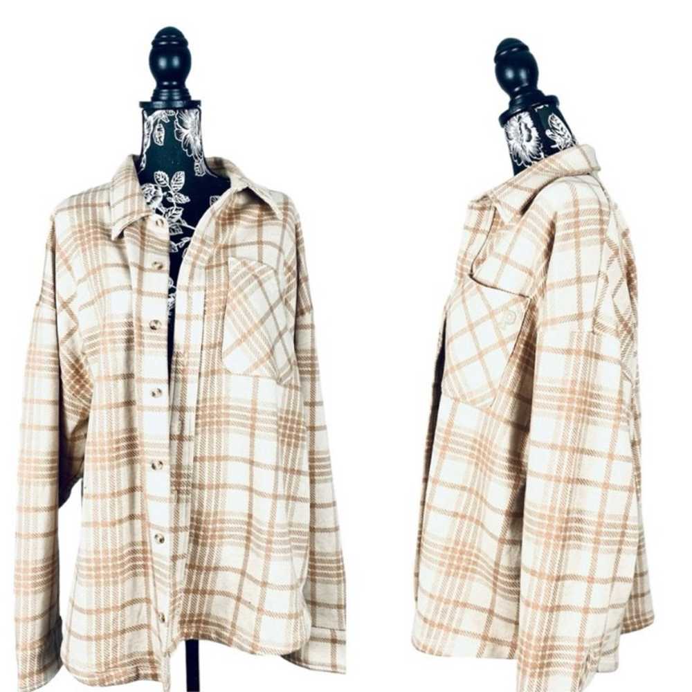 VS Pink beige plaid oversize soft button down sha… - image 1