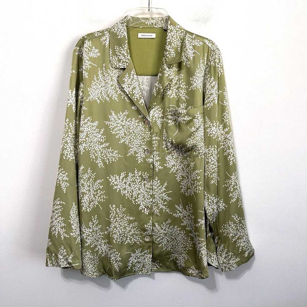 Rebecca Taylor Fleur Satin Shirt L Green Button F… - image 1