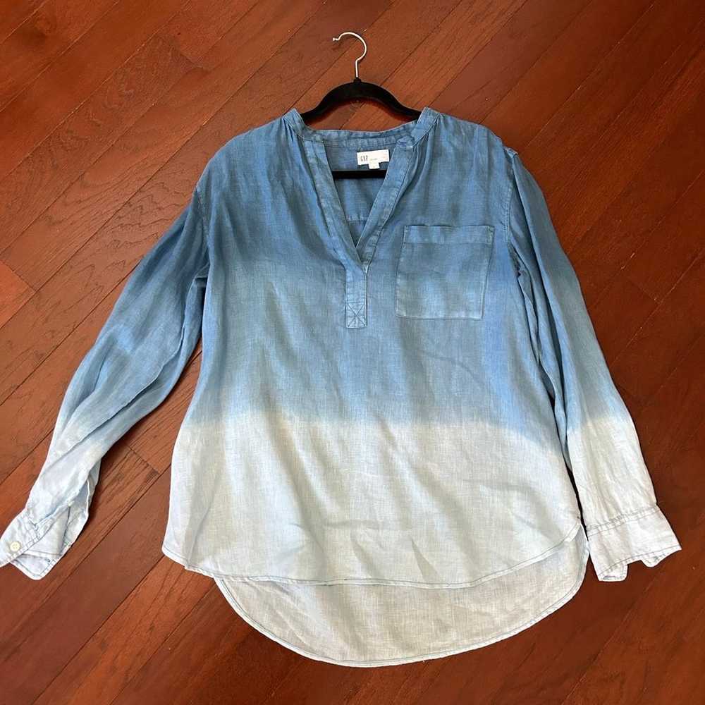 Gap Blue Dip Dye Ombré 100% Linen Pocket Popover … - image 4