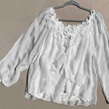 Belle France White Silk Blouse Sheer Sleeves Croc… - image 1