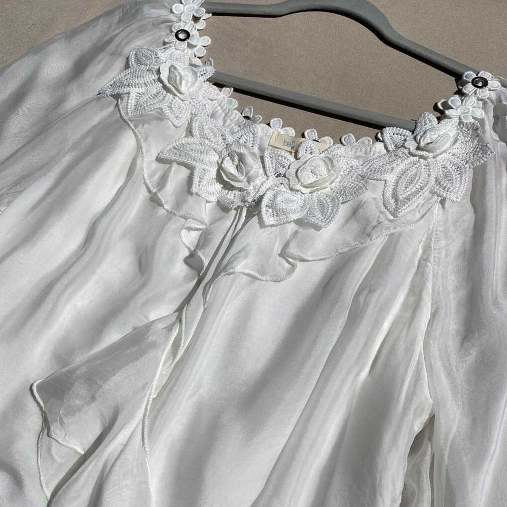 Belle France White Silk Blouse Sheer Sleeves Croc… - image 3