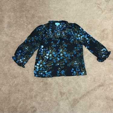 Cece Blue Floral Print Button Front Blouse Top - image 1