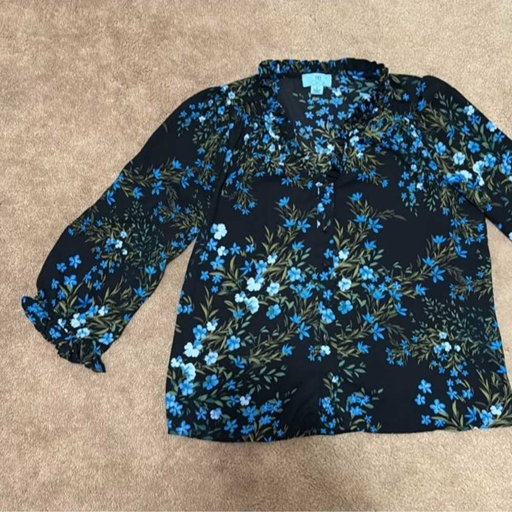 Cece Blue Floral Print Button Front Blouse Top - image 2