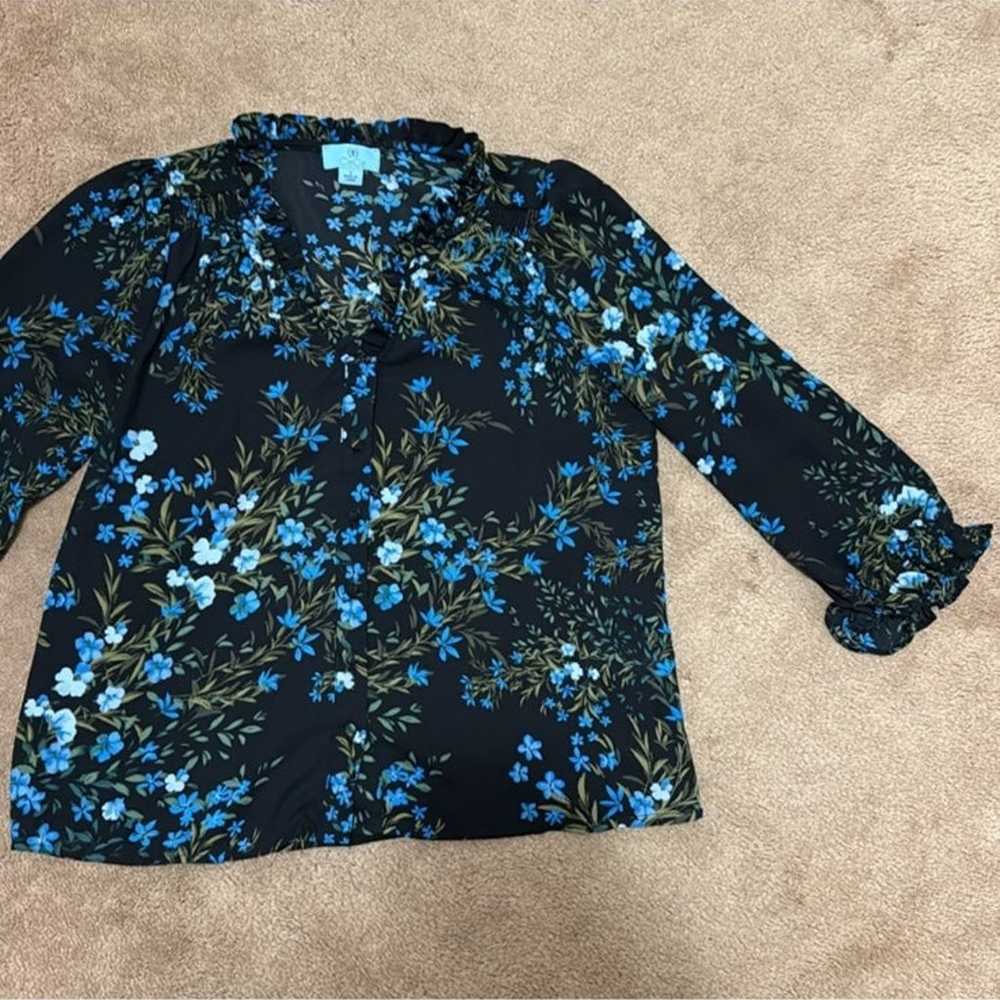 Cece Blue Floral Print Button Front Blouse Top - image 3