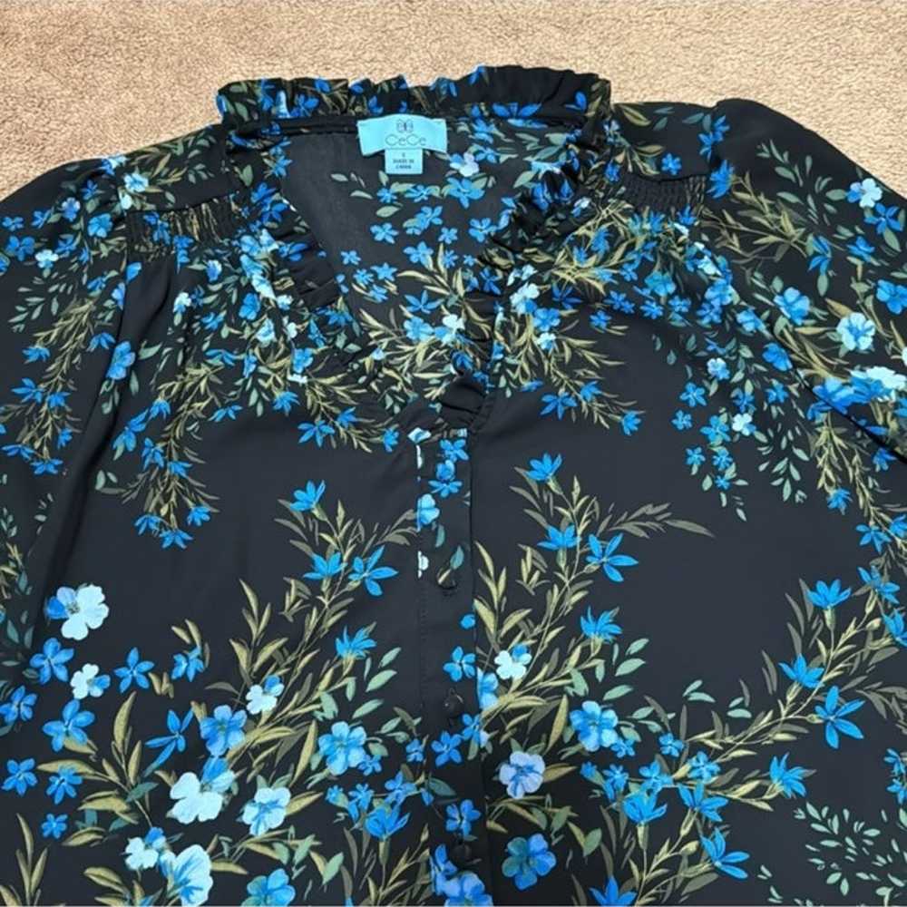 Cece Blue Floral Print Button Front Blouse Top - image 4