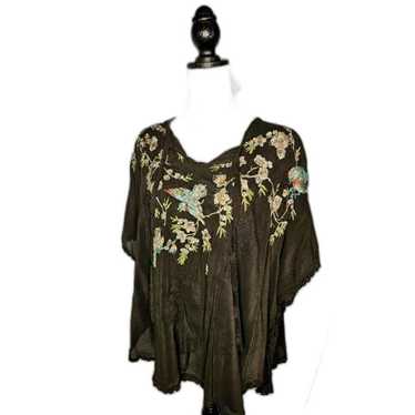 Elegant Black Floral Embroidered Poncho Top - image 1