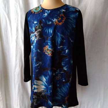 Blue and black floral long-sleeve tunic