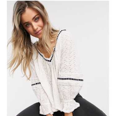 Free People Darcy Eyelet Top Medium Velvet Trim V 