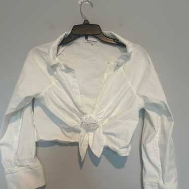 Reformation White Cropped Blouse Long Sleeve Line… - image 1