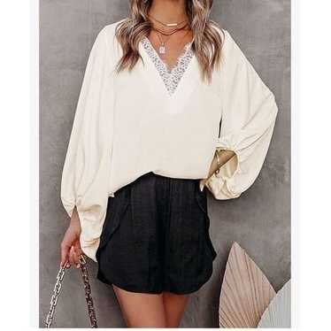 V Neck Lace Insert Lantern Sleeves Blouse