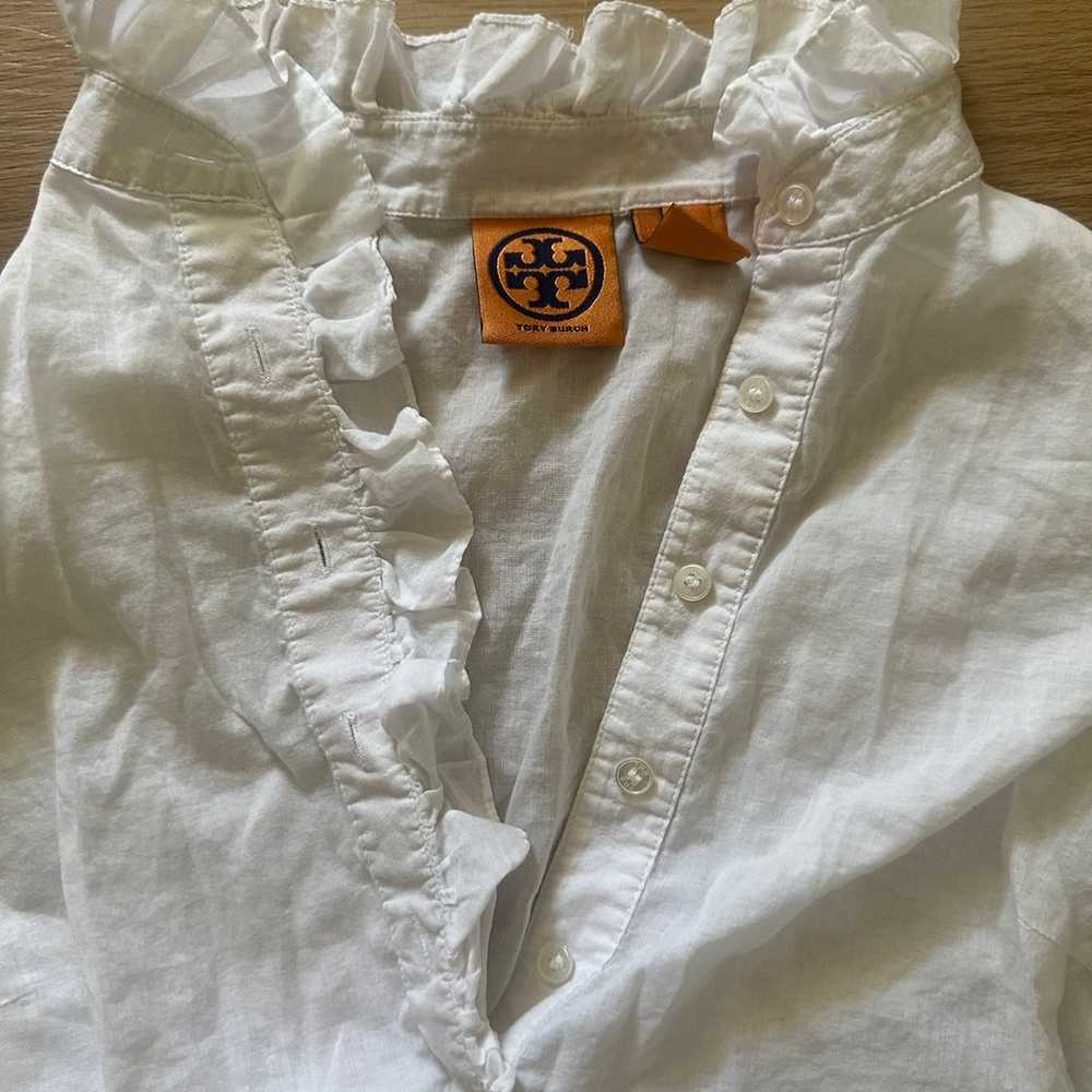 White Tory Burch ruffle blouse with long sleeves - image 2