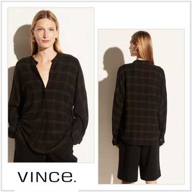 VINCE Shadow Plaid Band Collar Pullover