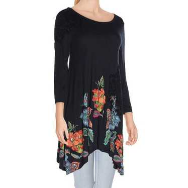 Desigual Ramona Tunic Top Black Floral Beaded Flo… - image 1