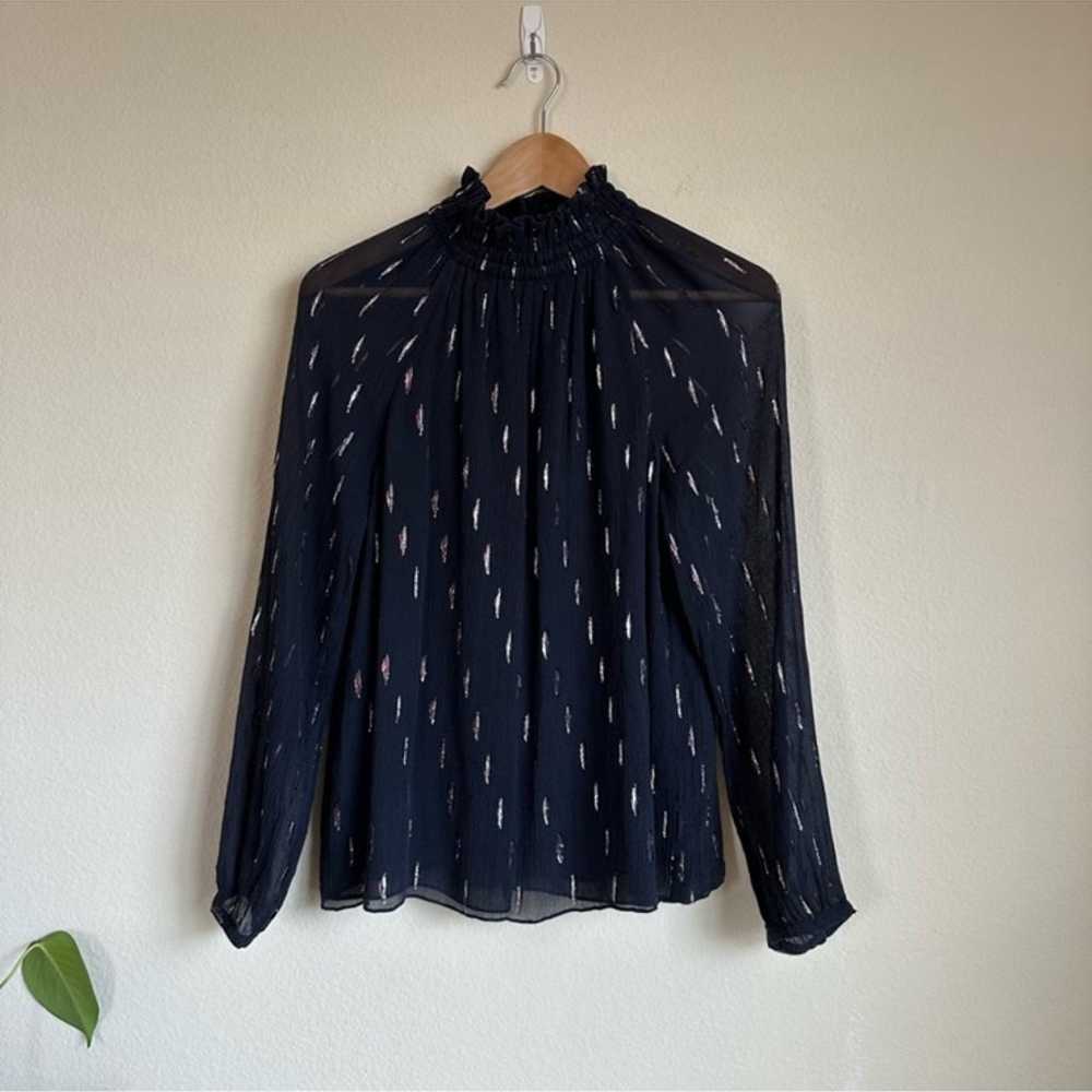 Rebecca Taylor Silk Navy Smocked Mock Neck Blouse - image 12