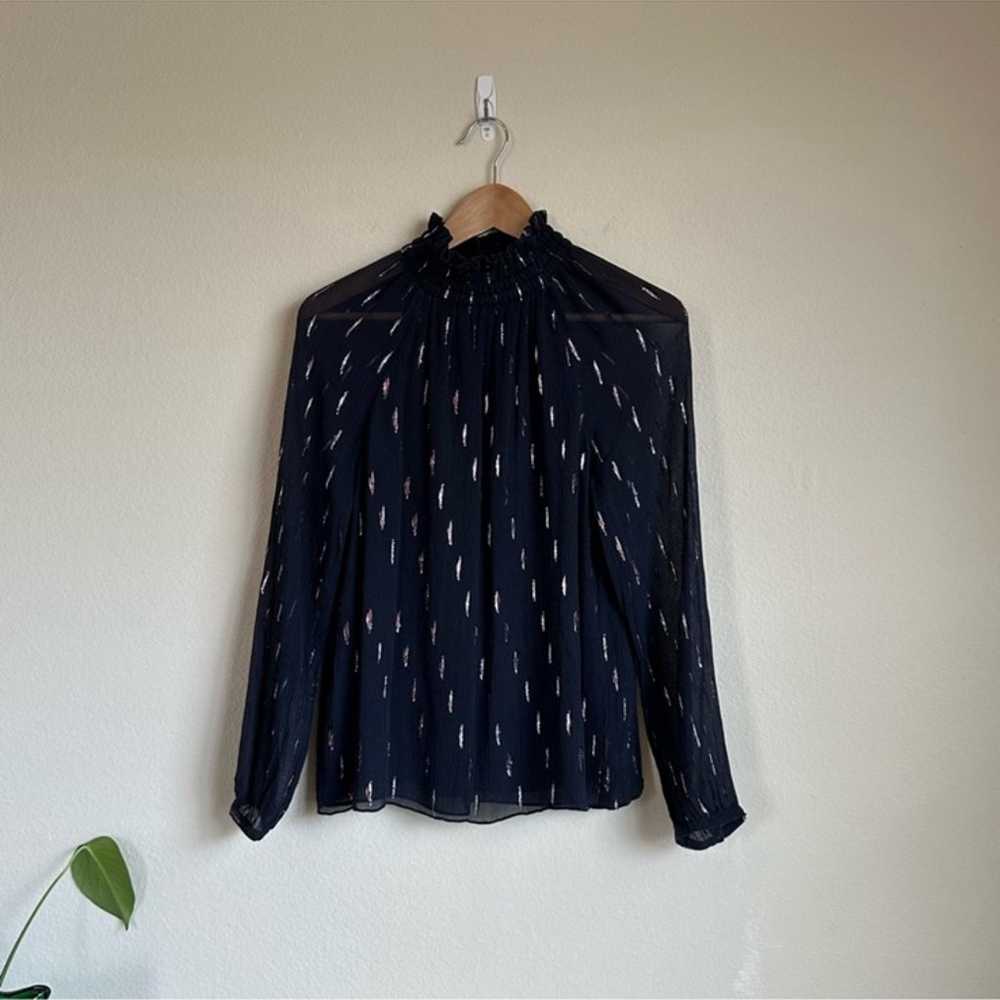 Rebecca Taylor Silk Navy Smocked Mock Neck Blouse - image 1