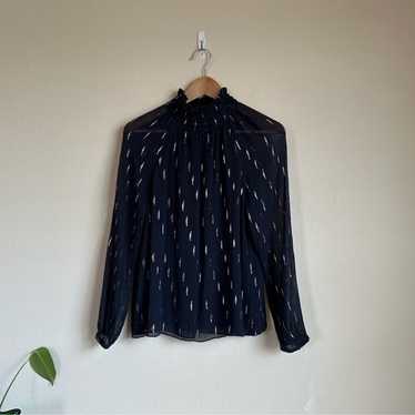 Rebecca Taylor Silk Navy Smocked Mock Neck Blouse - image 1