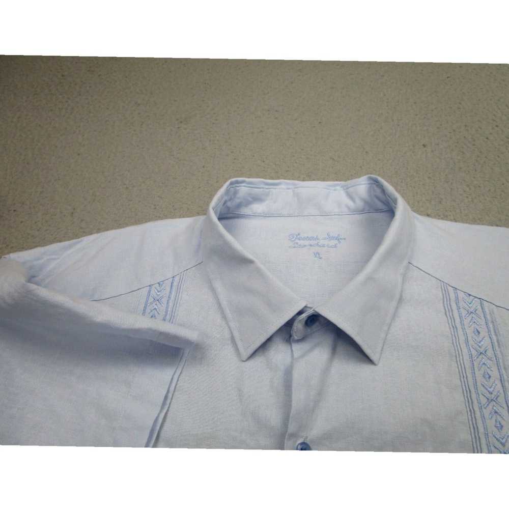 Blend Mens Blue Linen Blend Cuban Embroidered Cam… - image 5