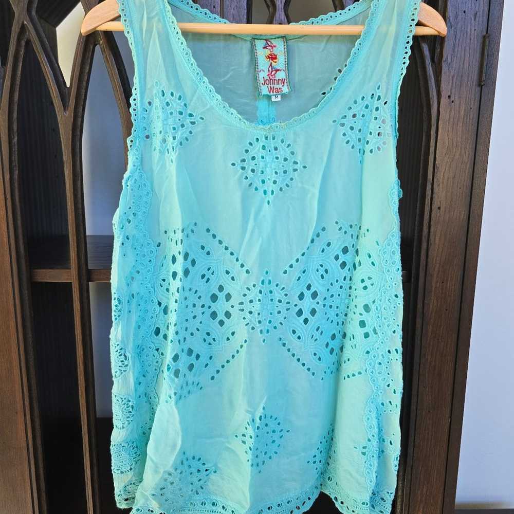 JOHNNY WAS TURQUOISE EMBROIDERED SKEEVELESS TOP S… - image 1