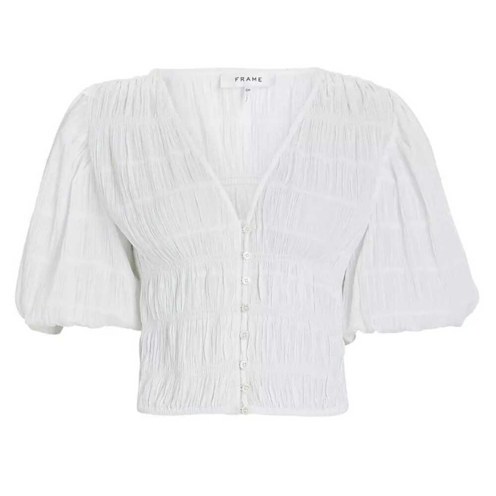 FRAME Julianne White Smocked Cotton Blouse Size L - image 4