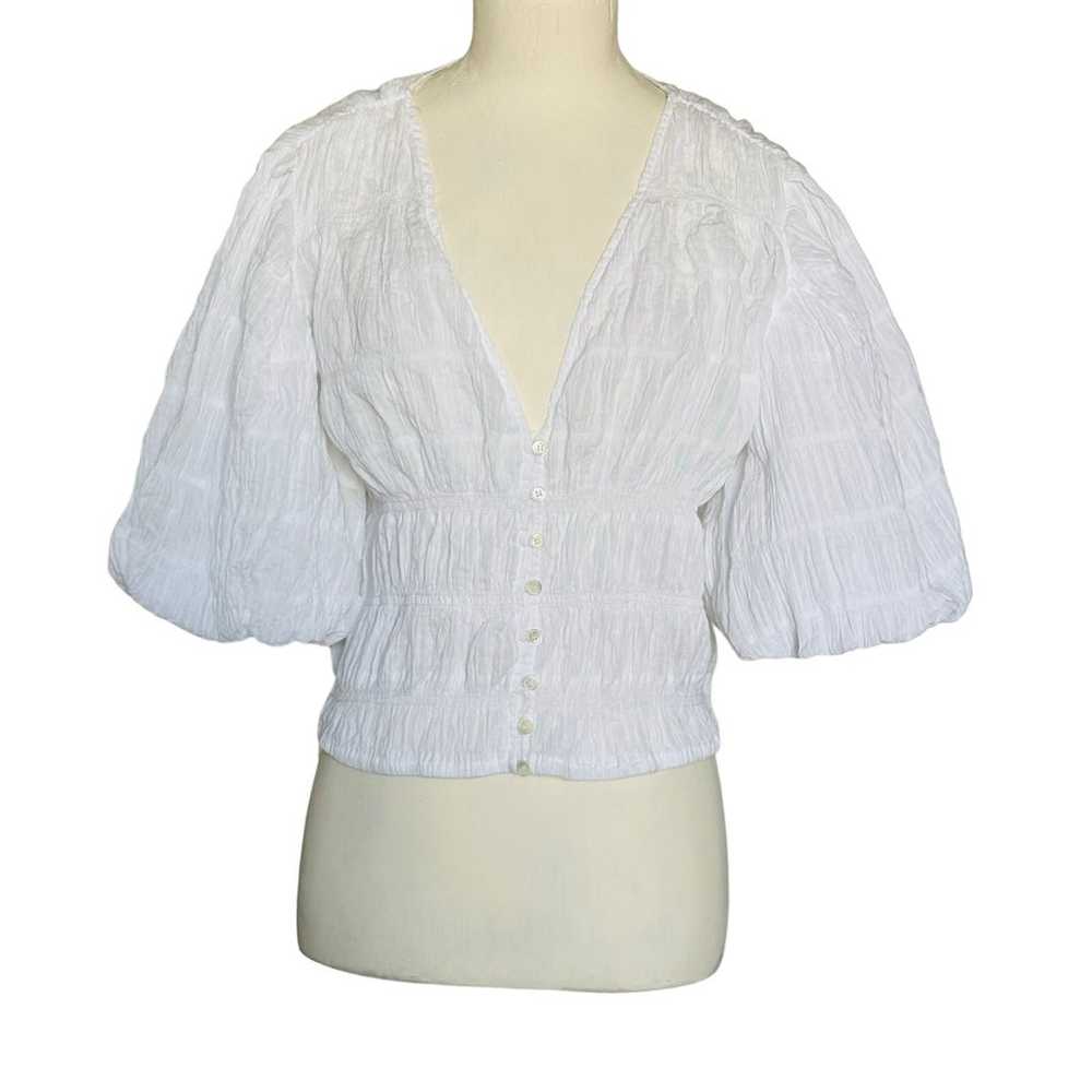 FRAME Julianne White Smocked Cotton Blouse Size L - image 5