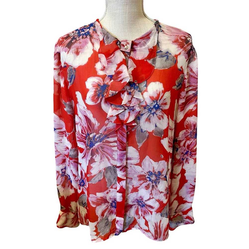 ST. JOHN Floral 100% Silk Ruffled Neck Button Fro… - image 1