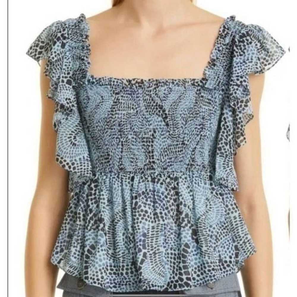 Cinq A Sept Anabelis Smocked Ruffle Top Blue Sz L… - image 1