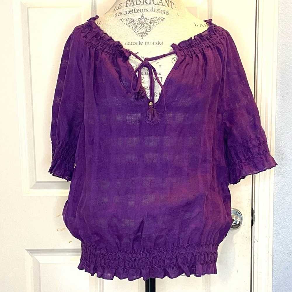 TORY BURCH PURPLE LINEN CREPE SHORT SLEEVE TOP S - image 1