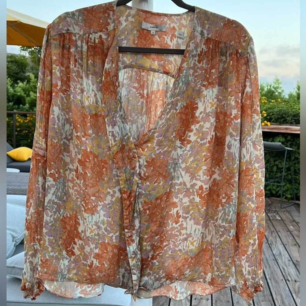 Vince 100% Silk Garden Long Sleeve Shirred Blouse… - image 4