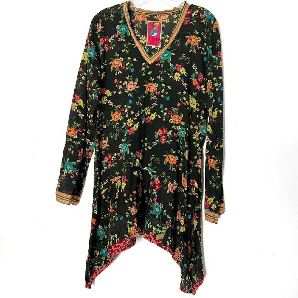 Johnny Was Black Floral Asymmetrical Hem Sharkbit… - image 1