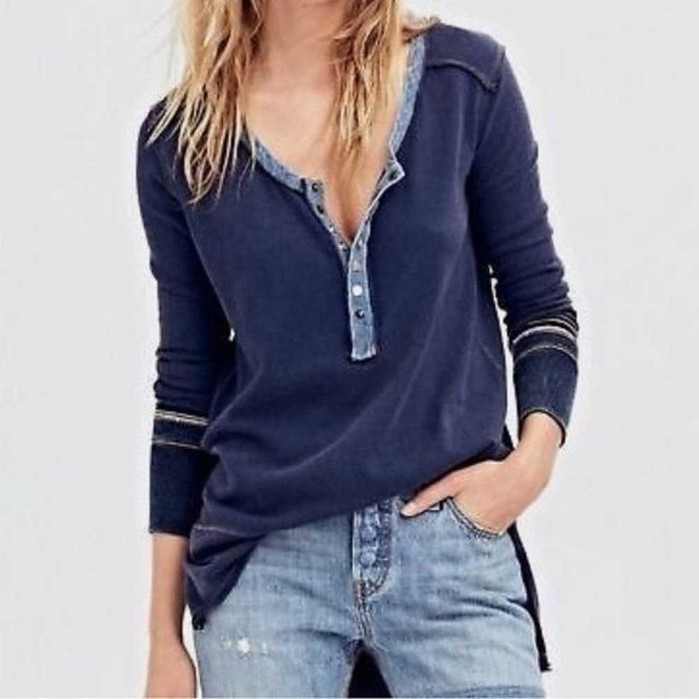 Free People Blue Slouchy Exposed Stitch Henley Top - image 1