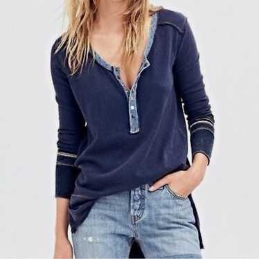 Free People Blue Slouchy Exposed Stitch Henley Top - image 1