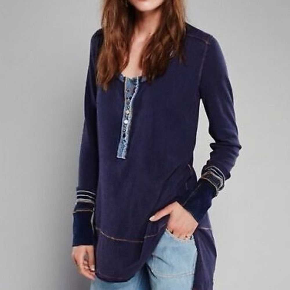 Free People Blue Slouchy Exposed Stitch Henley Top - image 2