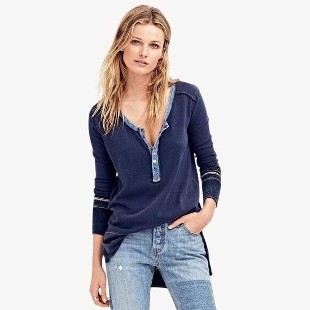 Free People Blue Slouchy Exposed Stitch Henley Top - image 4