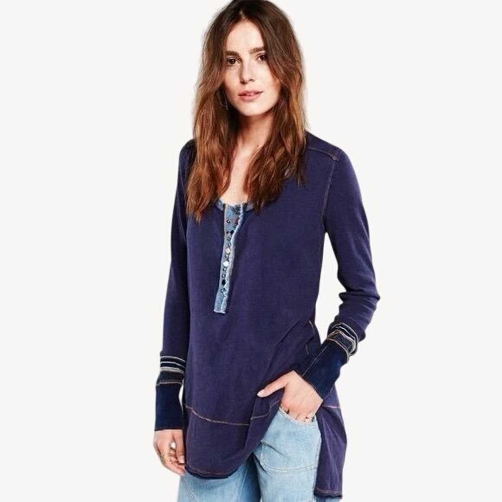 Free People Blue Slouchy Exposed Stitch Henley Top - image 5