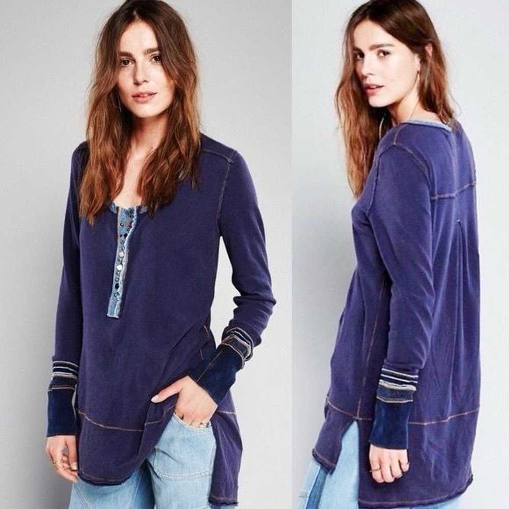 Free People Blue Slouchy Exposed Stitch Henley Top - image 6