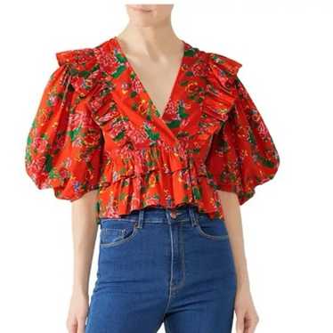 RHODE Elodie Ruffled Puff Sleeve Red Floral Crop … - image 1