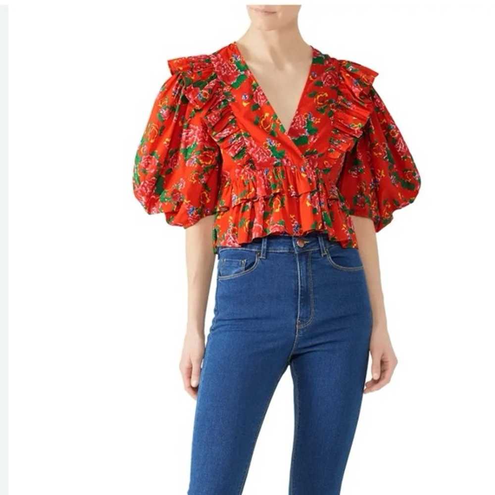 RHODE Elodie Ruffled Puff Sleeve Red Floral Crop … - image 2