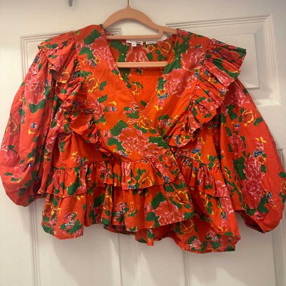 RHODE Elodie Ruffled Puff Sleeve Red Floral Crop … - image 3